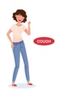 Cough. A girl in full growth shows one of the possible signs of infection with the COVID-19 virus. Isolated vector illustration